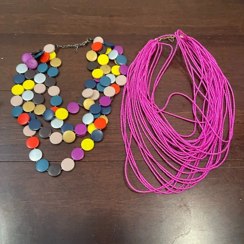 set of 2 -Colorful Disc Necklace and Pink Beaded Necklace Set